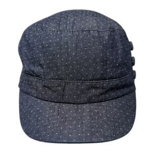 D&Y Blue Polka Dot Army Cap Hat OS Cotton Elastic Back Side Buttons Pattern